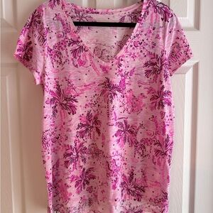 EUC Lilly Pulitzer Etta V-Neck Top “Pink Blossom Wild About You” Size Large